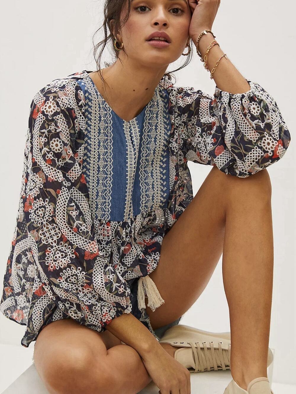 Sachin & Babi anthropologie Paisley Embroidered Blouse large bohemian festival